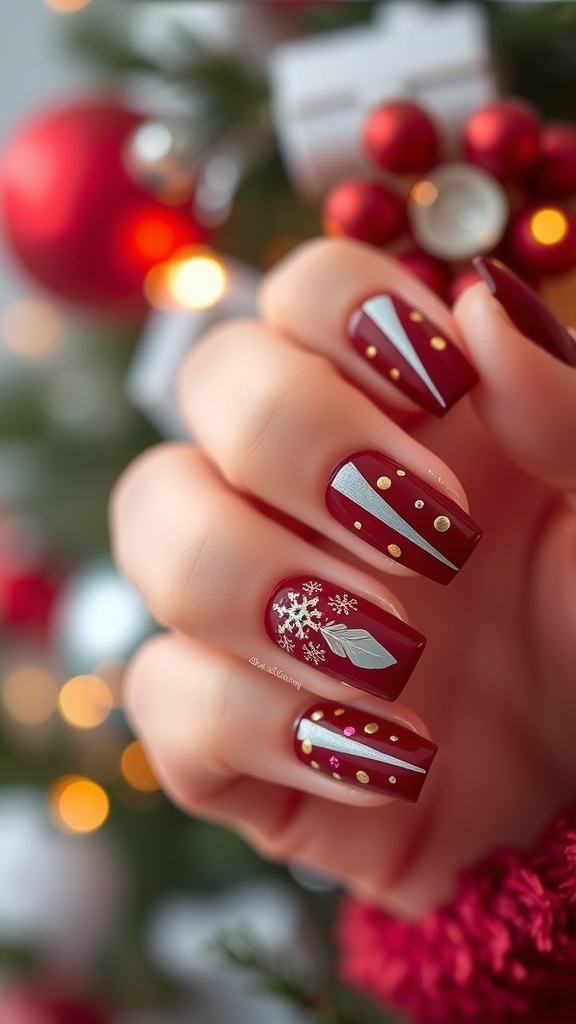 Elegant Burgundy Christmas Nail Art Elegant burgundy Christmas nails with gold accents and festive designs.